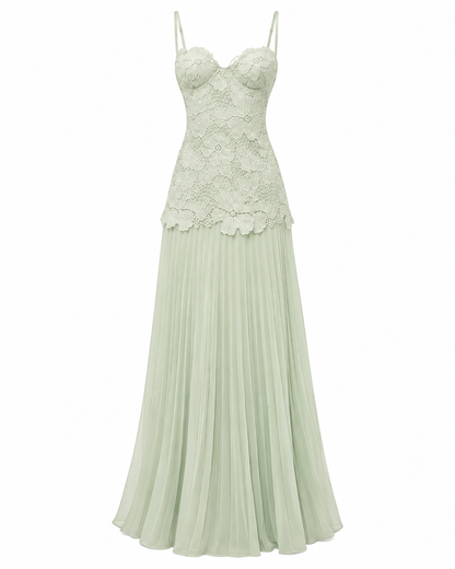 Lace Bustier Pleated Maxi Dress Green