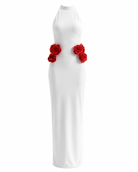 Halter Floral Maxi Dress White Red