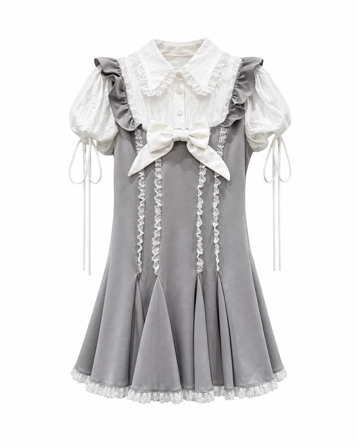 Grey Lace Bow Mini Dress with Peter Pan Collar
