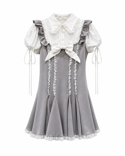 Grey Lace Bow Mini Dress with Peter Pan Collar