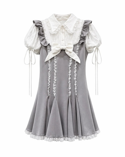 Grey Lace Bow Mini Dress with Peter Pan Collar