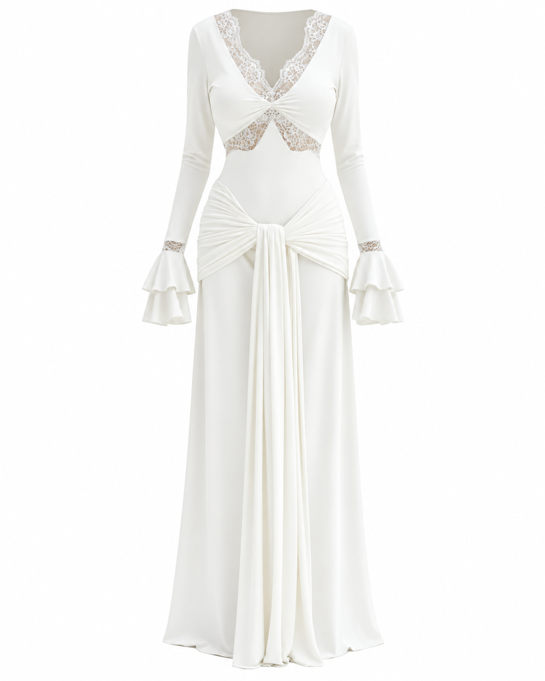 Long Sleeve Lace Draped Maxi Dress White