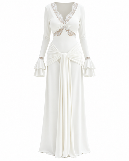 Long Sleeve Lace Draped Maxi Dress White