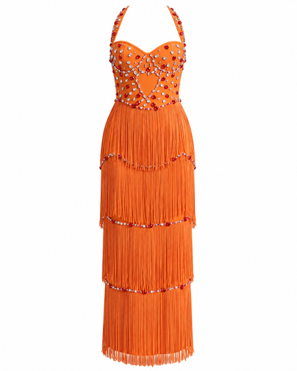 Halter Crystal Tassel Maxi Dress Orange