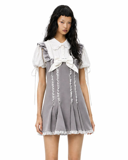Grey Lace Bow Mini Dress with Peter Pan Collar