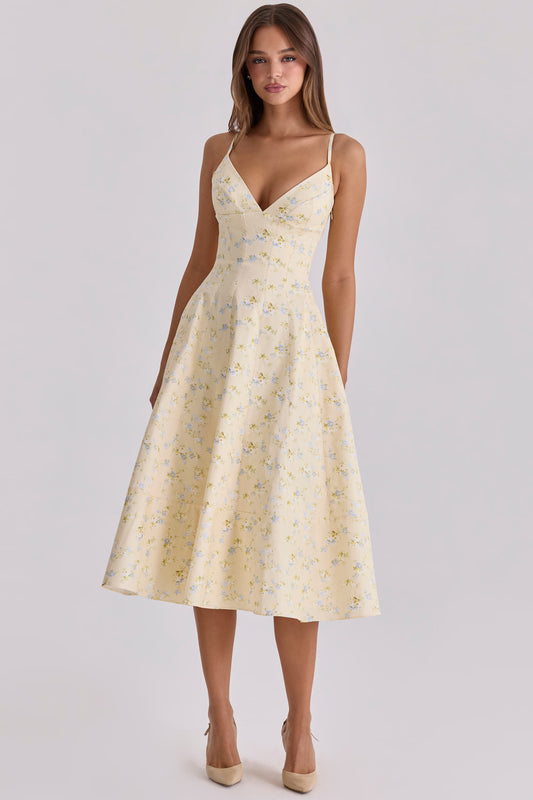 Lemon Floral Print Strappy Midi Sundress