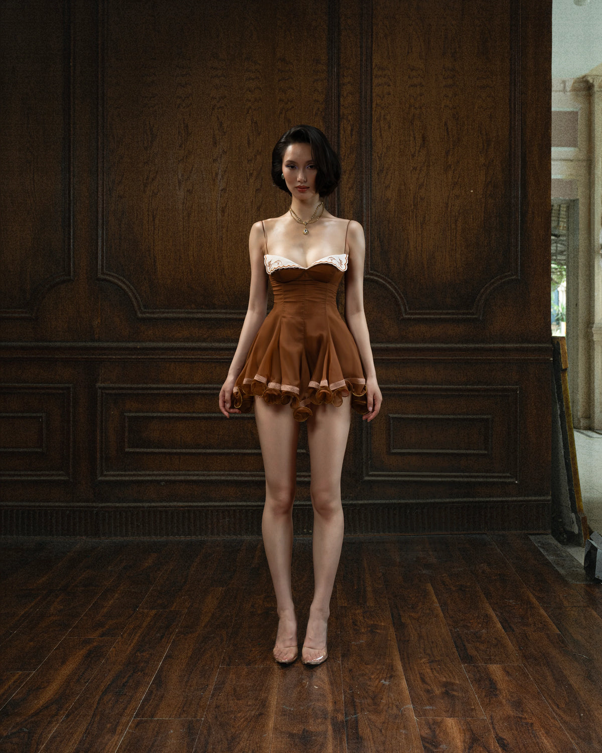 Soleil Lace Mini Dress Brown