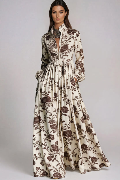 Fizza Cocoa Brown Ruched Floral Maxi Dress