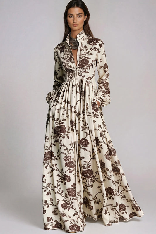 Fizza - Plunge-Neck Ruched Floral Maxi Dress Brown