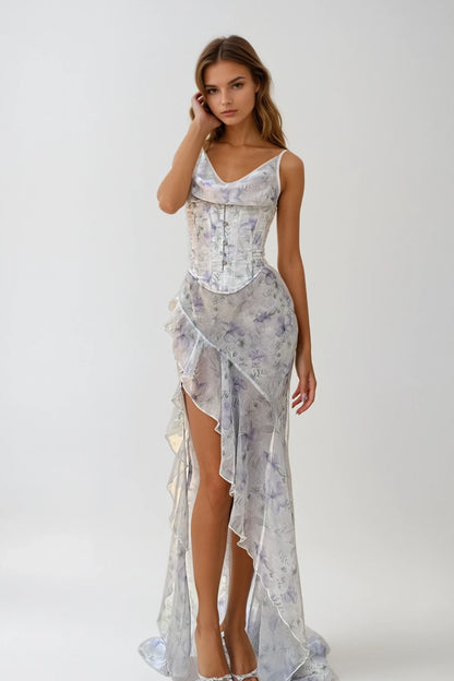 Cowl Neck Asymmetric Ruffle Maxi Dress