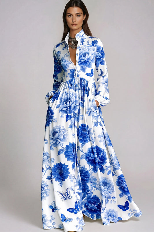 Fizza Azure Blue Plunge-Neck Floral Maxi Dress
