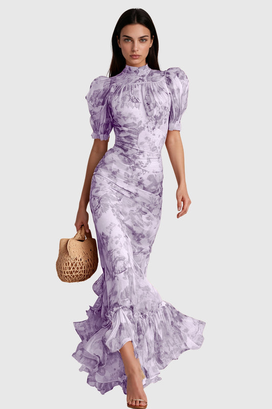 Inola - Puff-Sleeve Floral Maxi Dress Purple