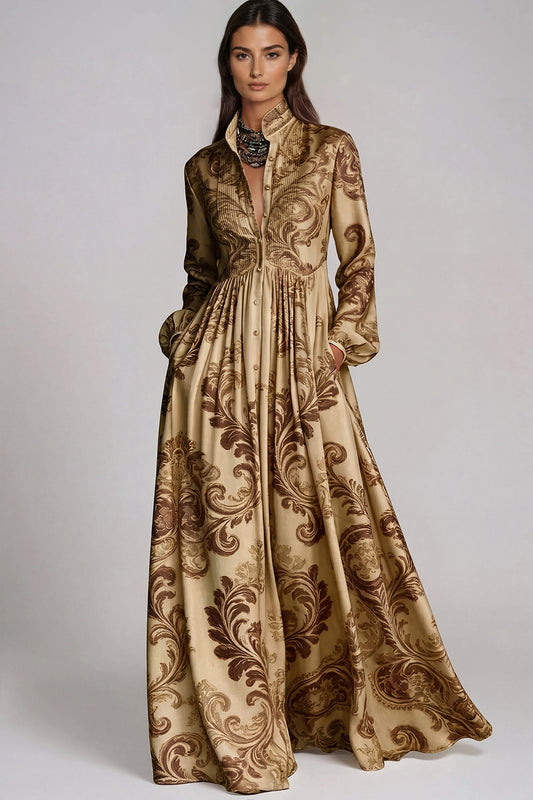 Fizza - Plunge-Neck Ruched Floral Maxi Dress Khaki