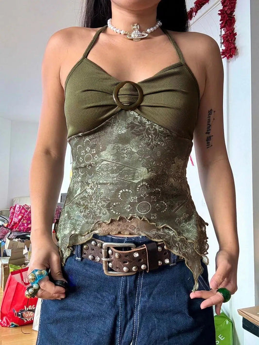 Fairy Grunge Floral Halter Top Green