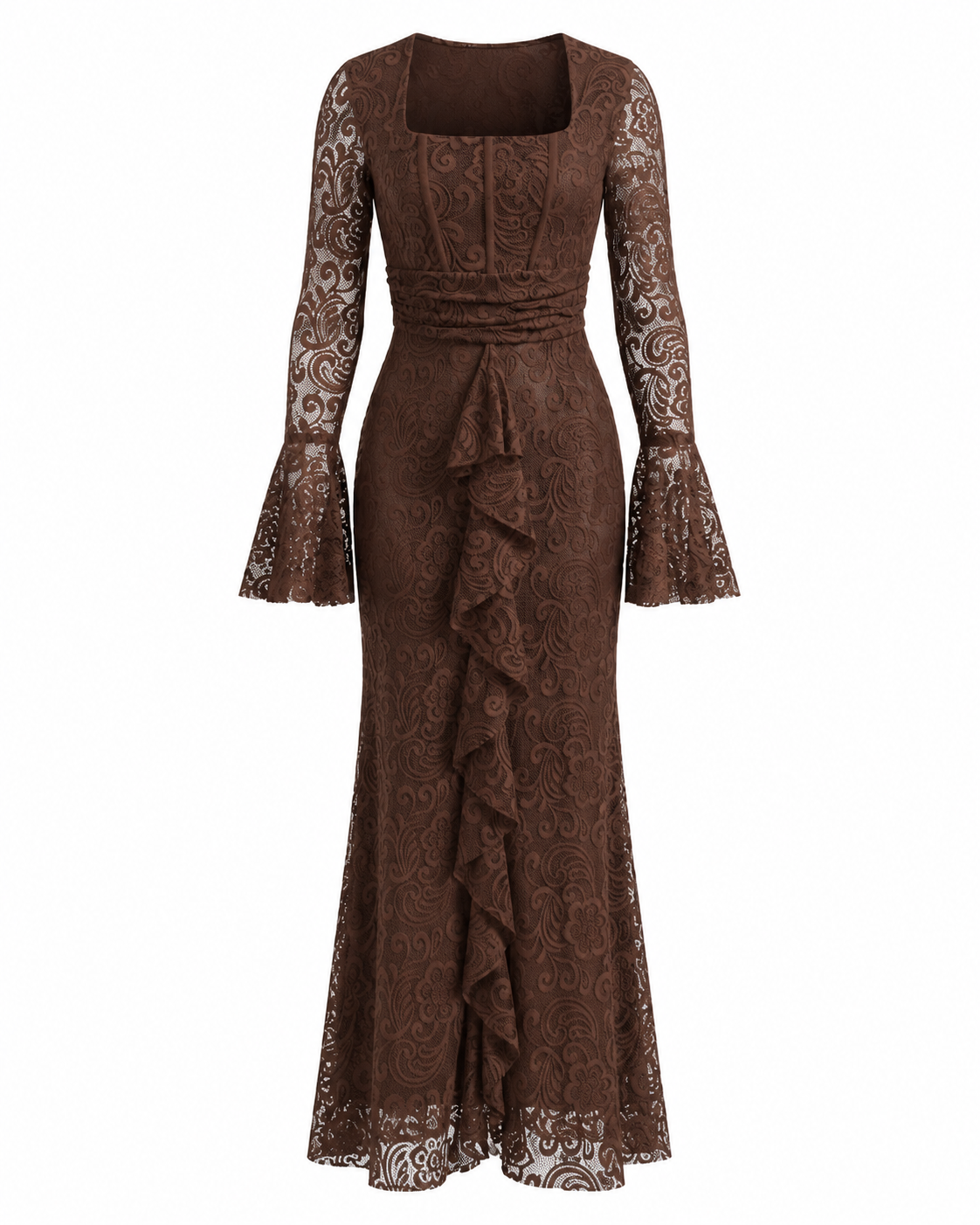 Long Sleeve Ruffle Lace Maxi Dress Burgundy