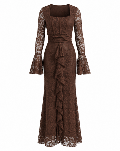 Long Sleeve Ruffle Lace Maxi Dress Burgundy