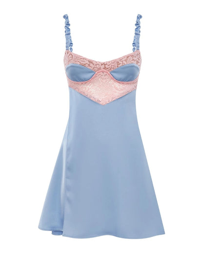 Lilo Satin Lace Slip Mini Dress Blue