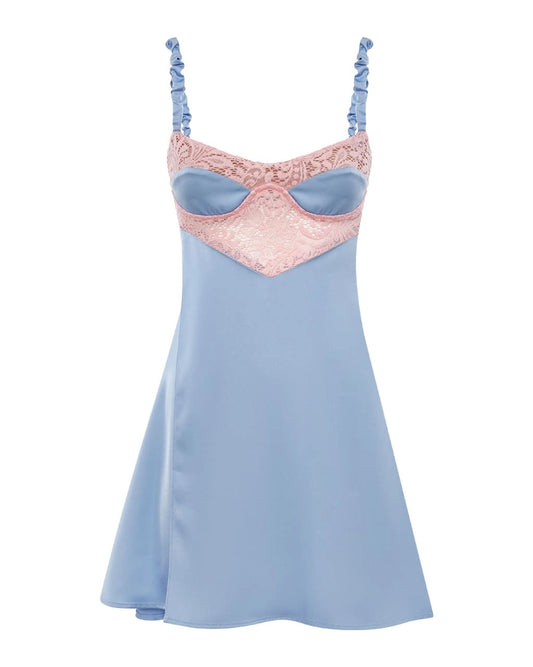 Lilo Satin Lace Slip Mini Dress Blue