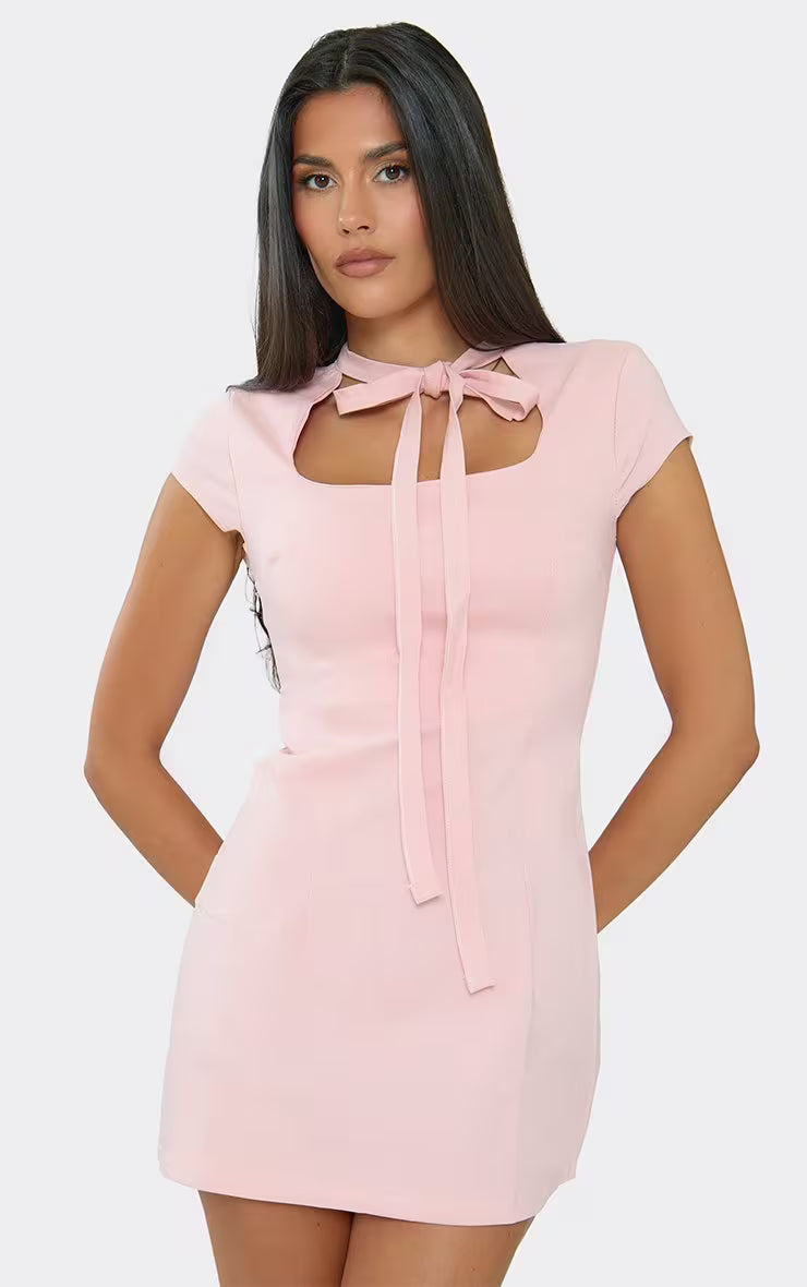 Bow Cutout Tie-Neck Mini Dress