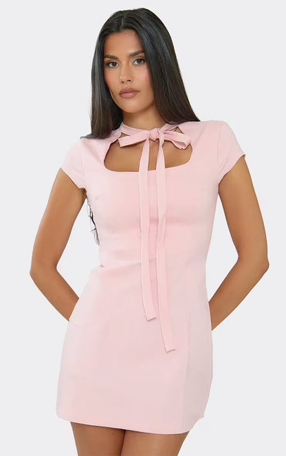 Bow Cutout Tie-Neck Mini Dress