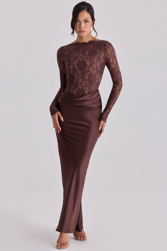 Elara Espresso Lace & Satin Two-Piece Gown