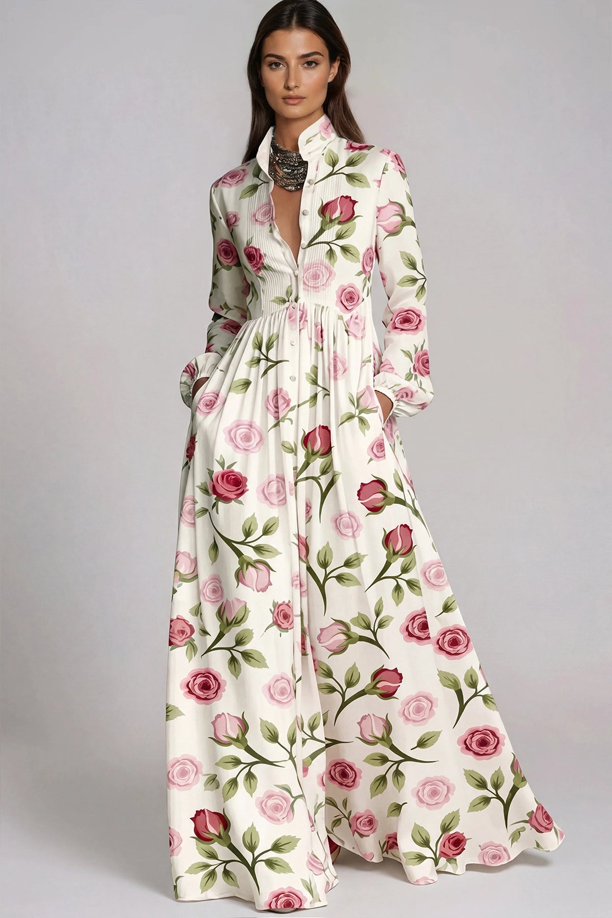 Fizza Rose Garden Plunge-Neck Maxi Dress
