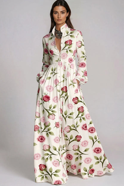 Fizza Rose Garden Plunge-Neck Maxi Dress
