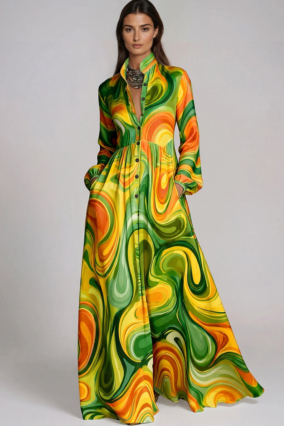 Fizza Emerald Green Floral Ruched Maxi Dress