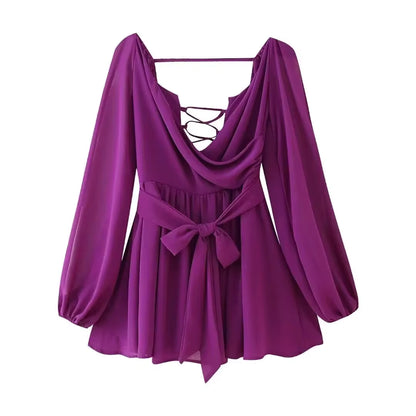 Puff Sleeve Lace-Up Wrap Dress