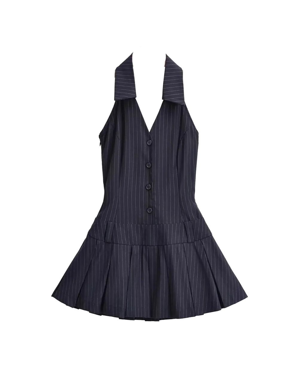 Navy Halter V-Neck Pleated Mini Dress
