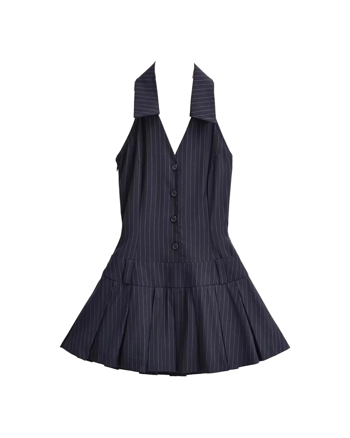 Navy Halter V-Neck Pleated Mini Dress