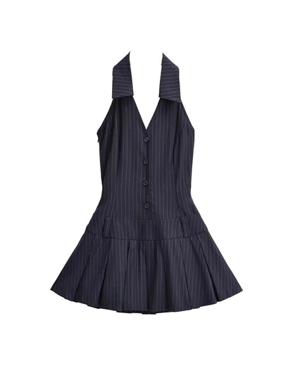 Navy Halter V-Neck Pleated Mini Dress