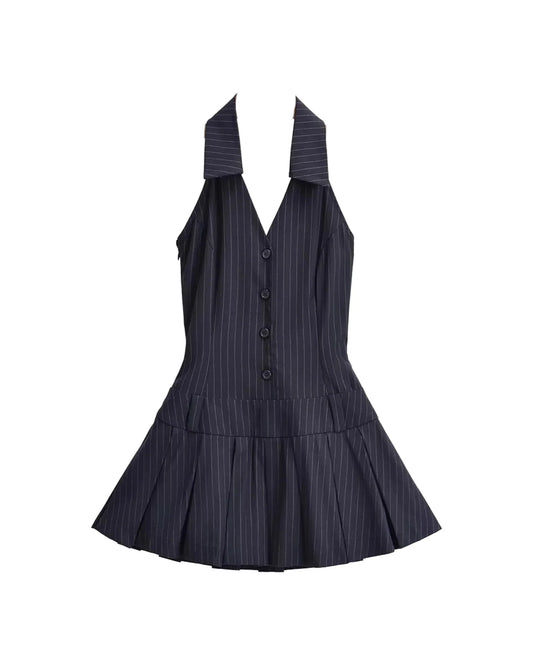 Navy Halter V-Neck Pleated Mini Dress