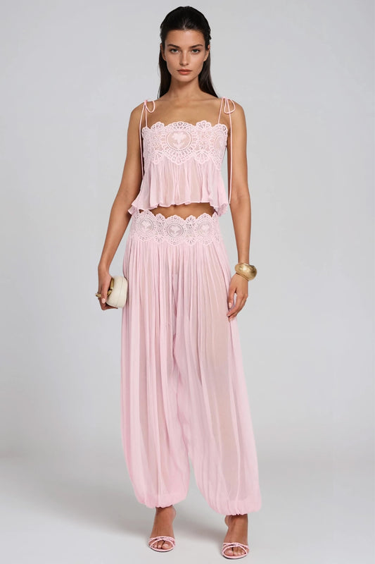Hanieh Pink Lace Ruched Wide-Leg Pants Set
