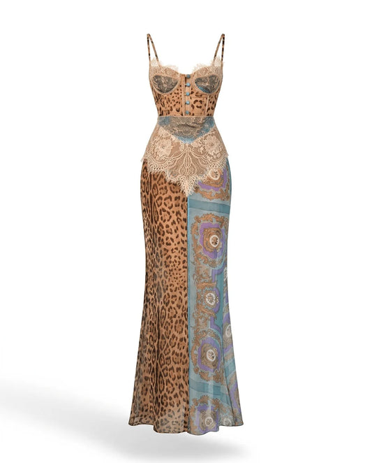 Leopard Lace-Trim Split Maxi Dress Blue, view 1