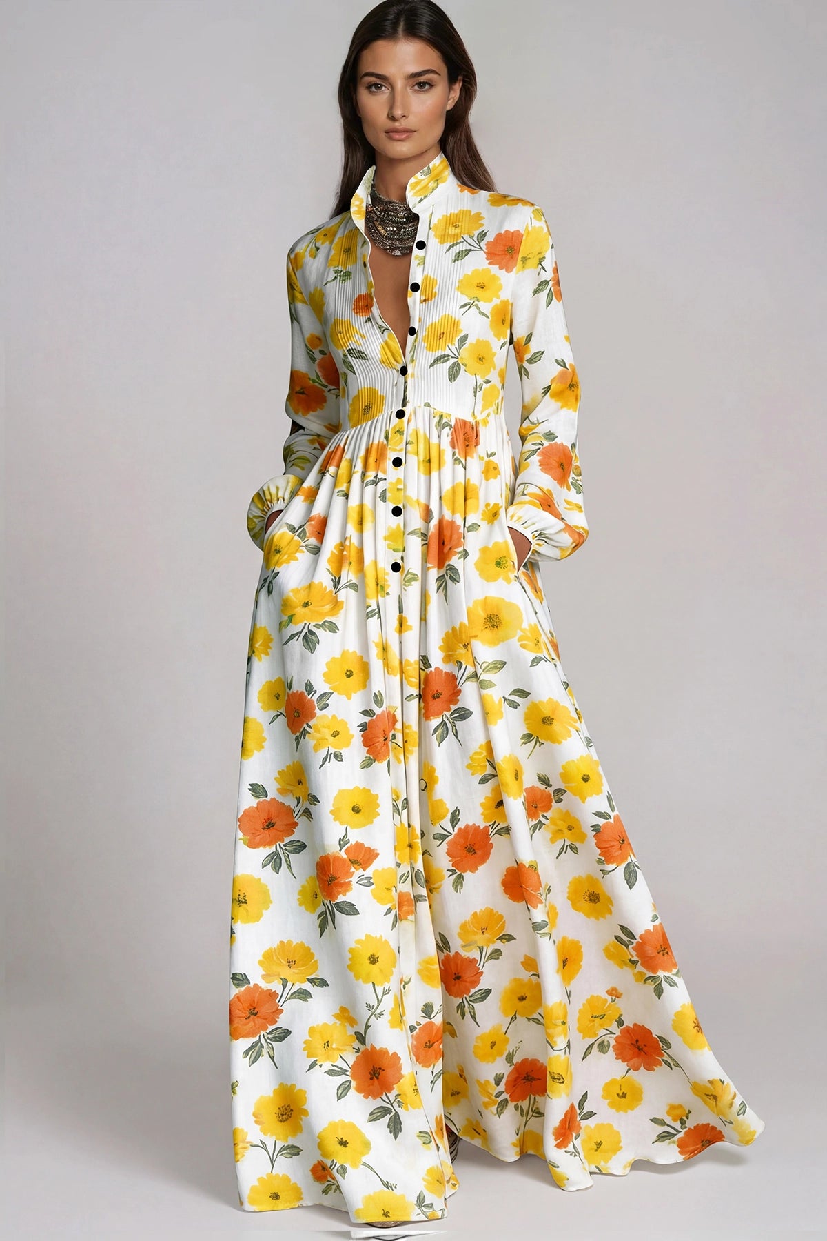 Fizza Golden Yellow Plunge Floral Maxi Dress