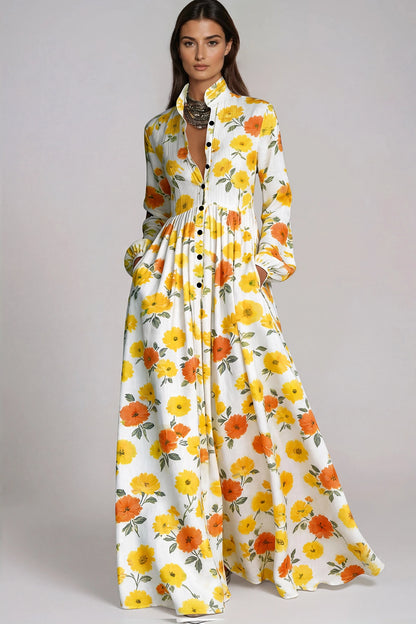 Fizza Golden Yellow Plunge Floral Maxi Dress