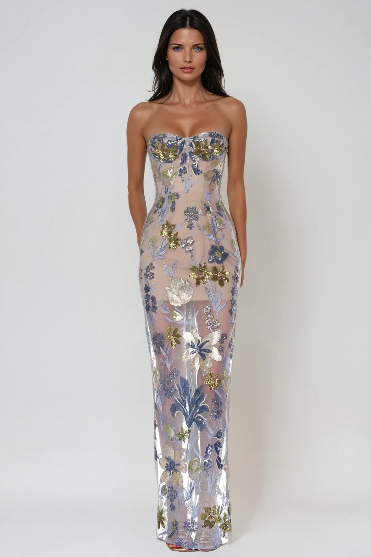 Strapless Sequin Floral Maxi Dress