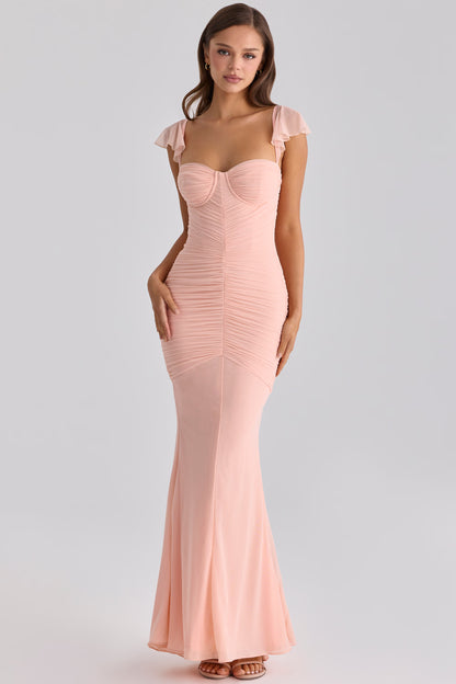 Peach Ruched Mesh Silhouette Maxi Dress