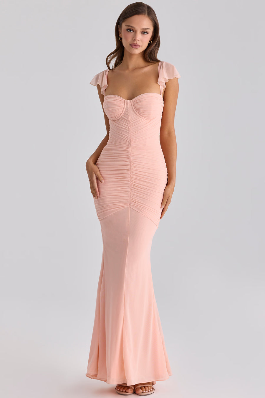 Peach Ruched Mesh Silhouette Maxi Dress