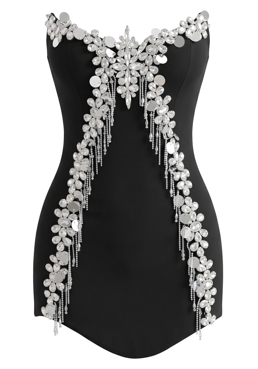 Rhinestone-Embellished Strapless Mini Dress Black