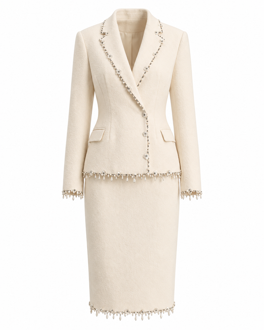 Embellished Trim Two Piece Dress Ivory