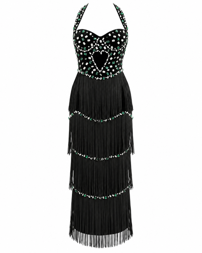 Halter Crystal Tassel Maxi Dress Black