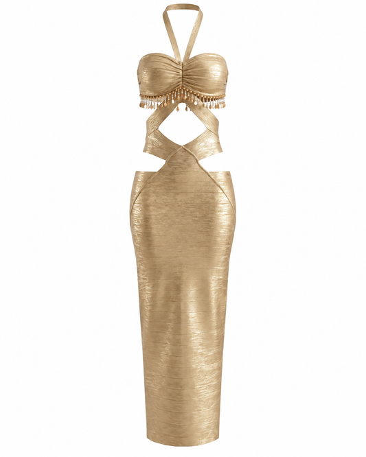 Gold Foil Halter Maxi Dress