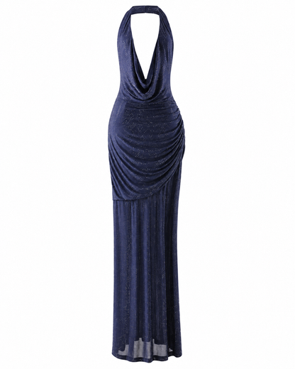 Blue Draped Halter Maxi Dress