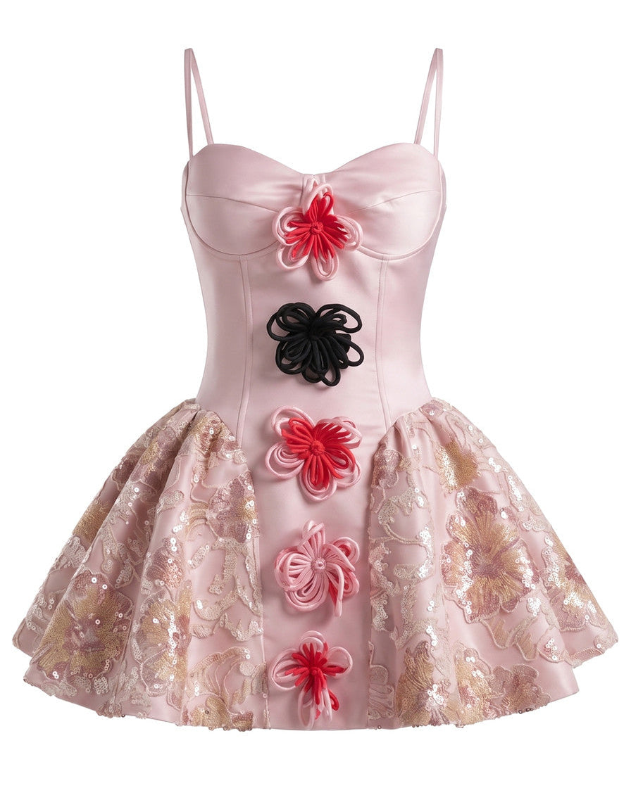 Floral Sequin A-Line Mini Dress Pink