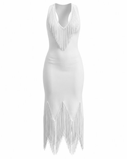 Tassel Detail Midi Dress White