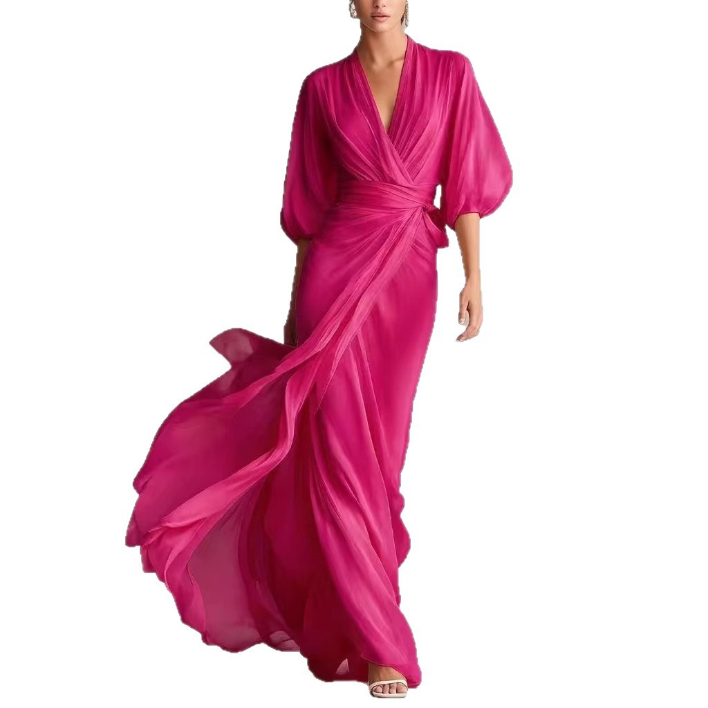 Women's slim-fit A-line long dress in a classic office-ready style, shown in a close-up detail view