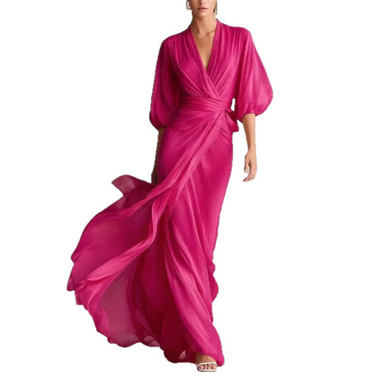 Women's slim-fit A-line long dress in a classic office-ready style, shown in a close-up detail view