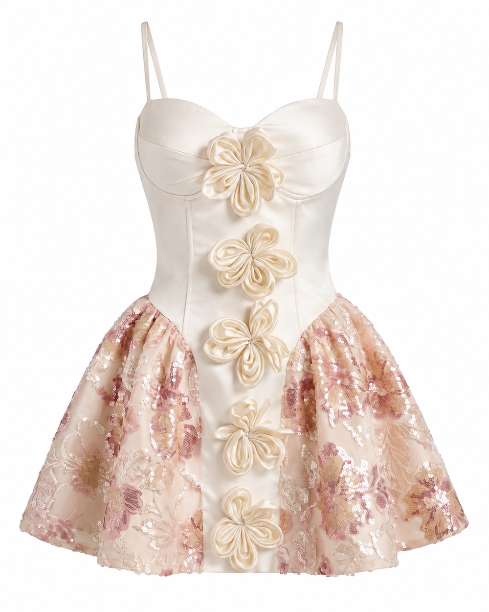 Floral Sequin A-Line Mini Dress Beige